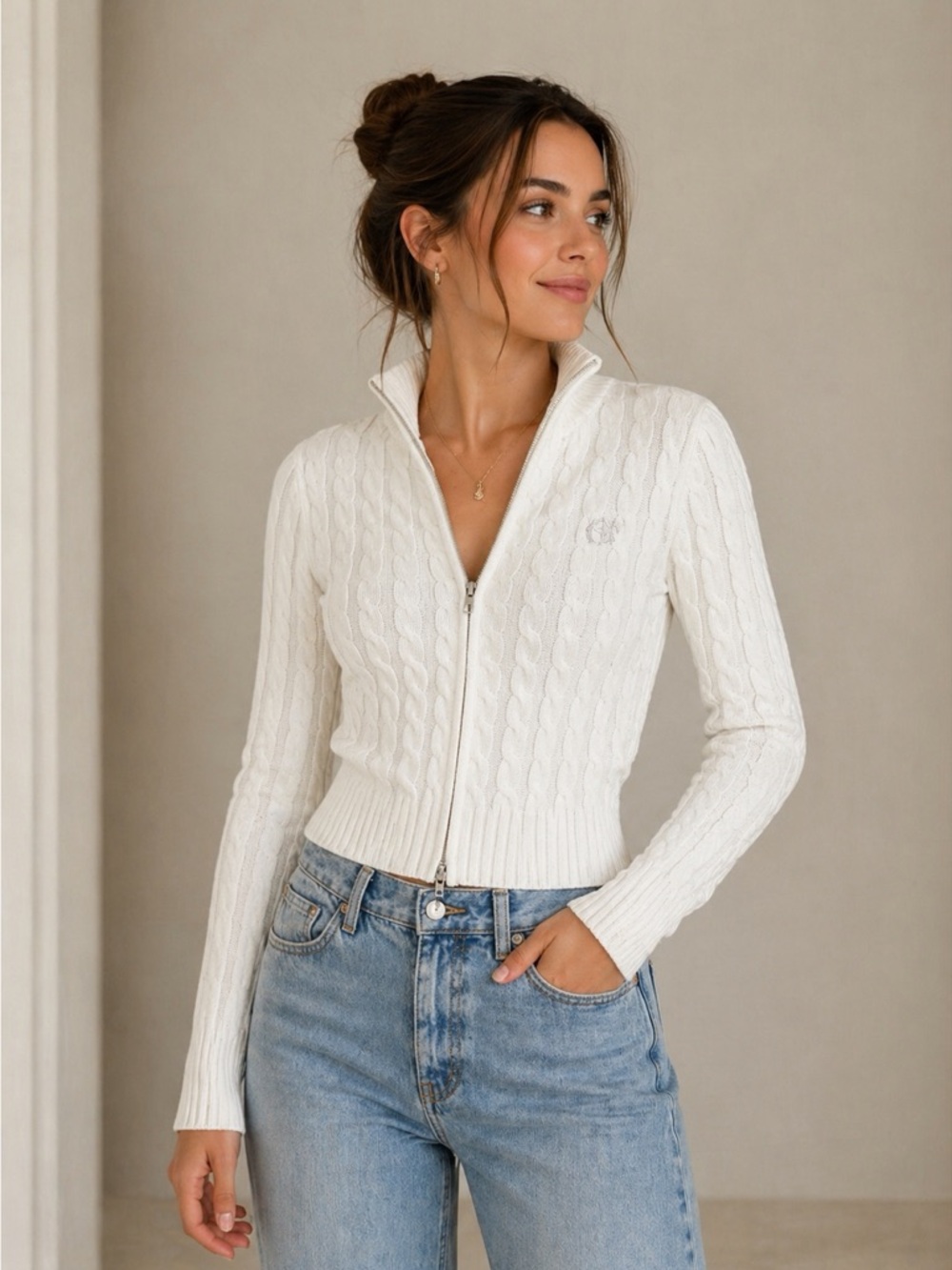 EUC LAUREN RALPH LAUREN White Cotton Cable Knit Full Zip Cardigan S Small